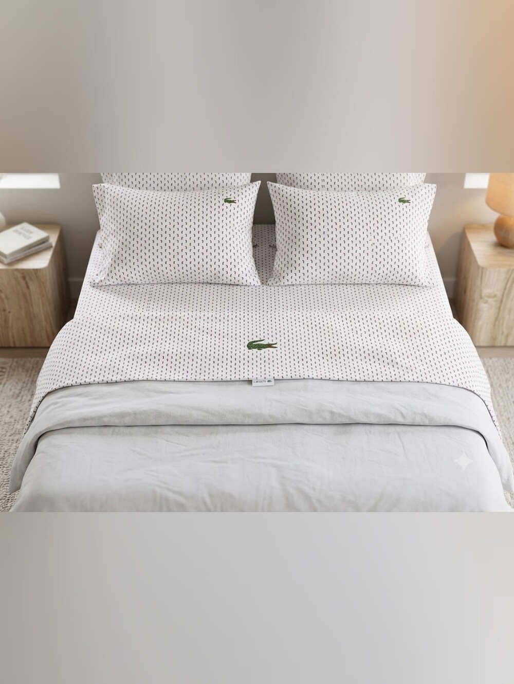 Lacoste White Bedding Set with Green Crocodile Accent
